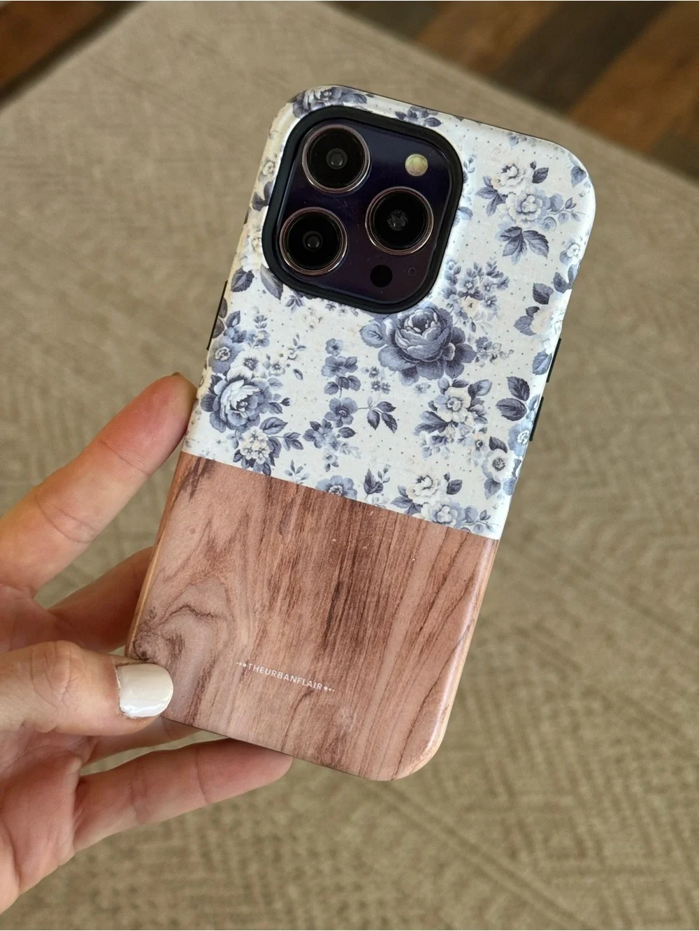 Navy Coquette Floral & Wood-Accent MagSafe iPhone 14 Pro Case (Satin Finish)
